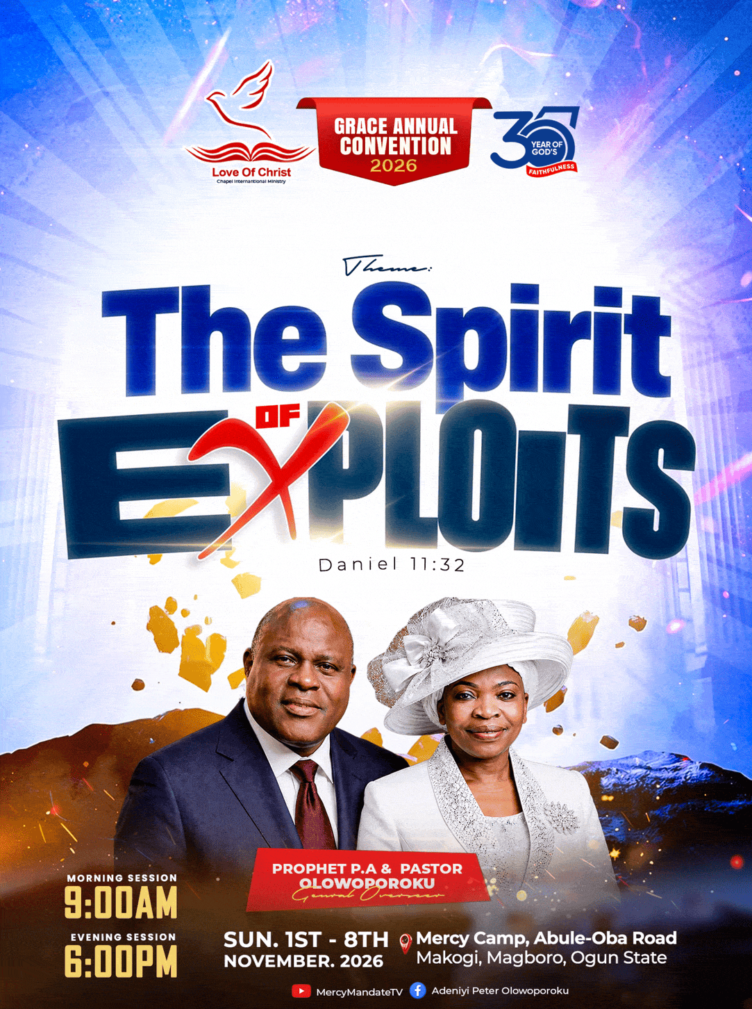 Grace Annual Convention 2026 flyer for Love of Christ Chapel International Ministry, themed “The Spirit of Exploits” from Daniel 11:32, featuring Prophet P.A. Olowoporoku and Pastor Olowoporoku Grace`